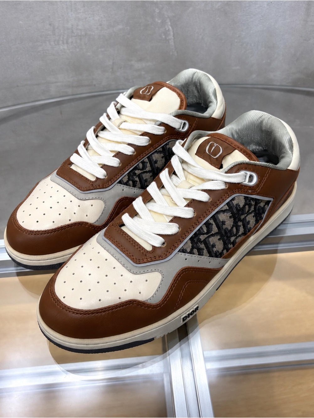 Dior Men's Brown and Cream Low-Top Sneakers with Dior Oblique Panel